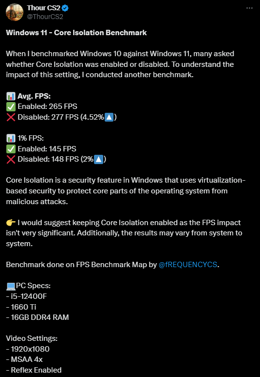 Thour анализирует влияние изоляции ядра на производительность Windows в CS2 — изображение 2