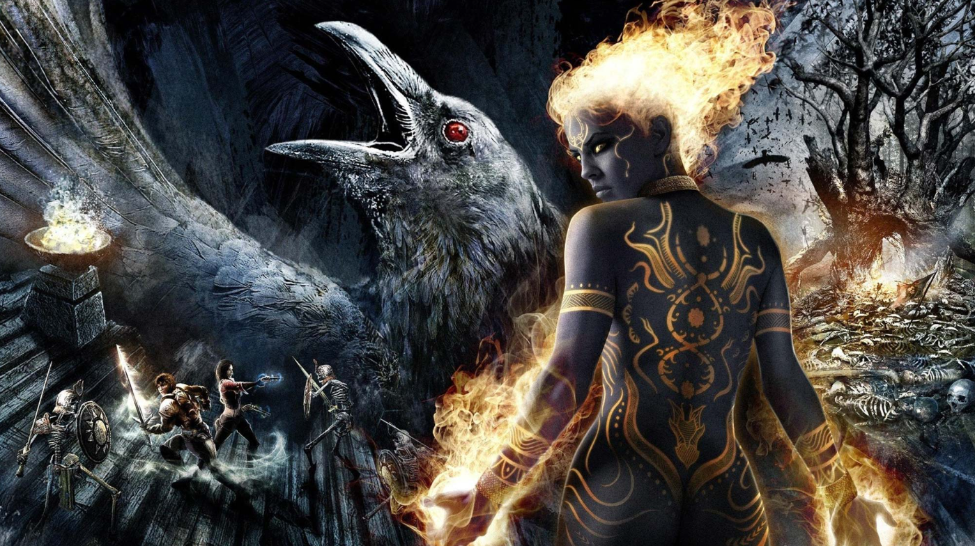 Dungeon Siege 3 птица и горящая девушка