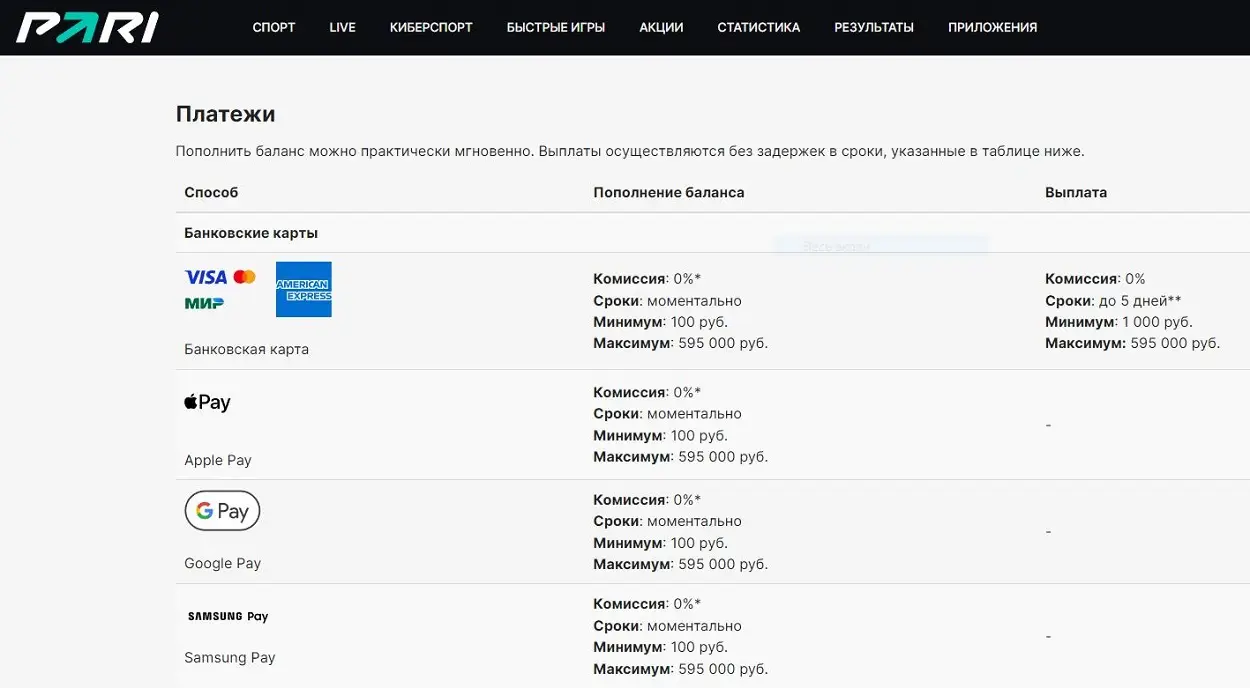 Пополнение\вывод на БК PARI