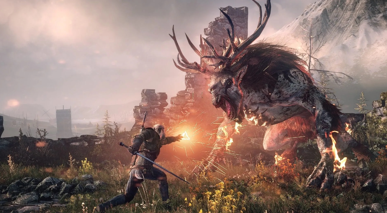 Геральт сражается с огромным чудовищем в горах в The Witcher 3: Wild Hunt