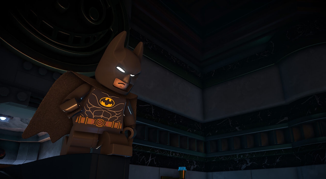LEGO Бэтмен в тёмном костюме внутри здания в Gotham City