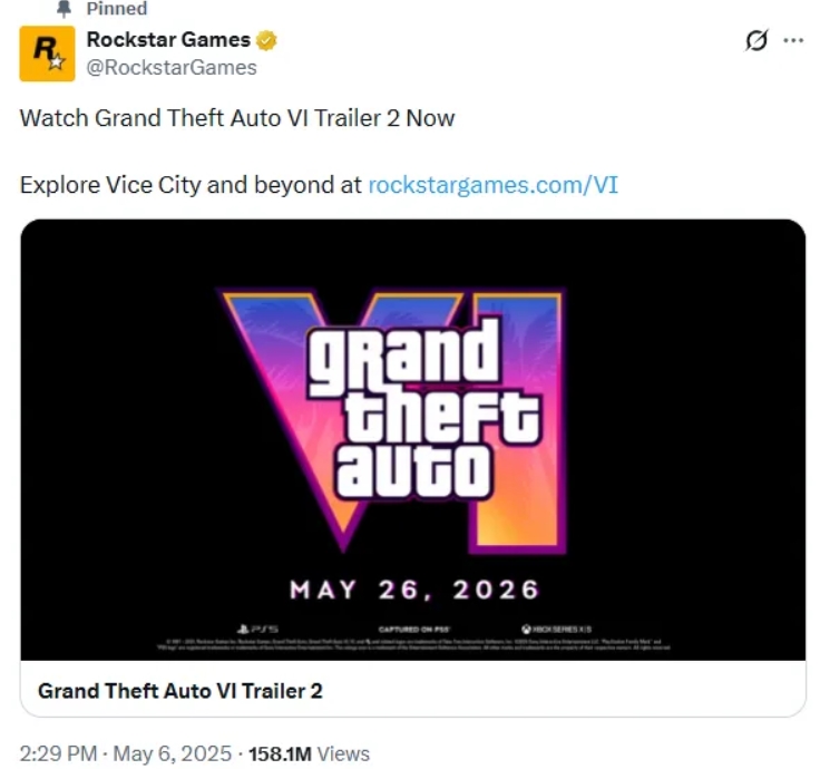 Пост Rockstar Games с анонсом второго трейлера Grand Theft Auto VI и датой релиза 26 мая 2026 года