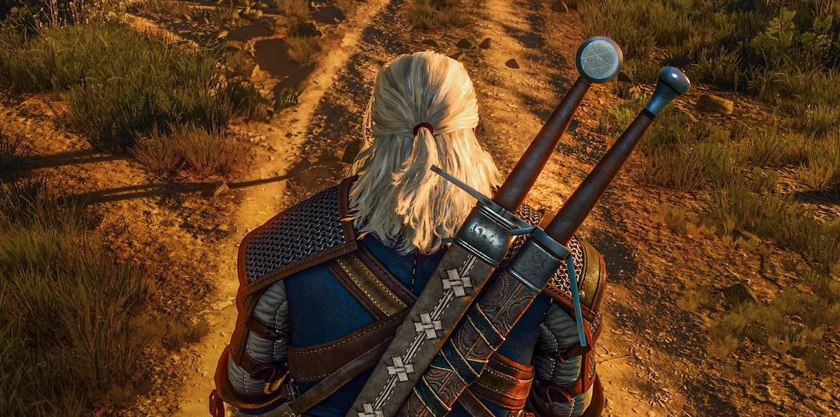 Геральт с двумя мечами в открытом мире The Witcher