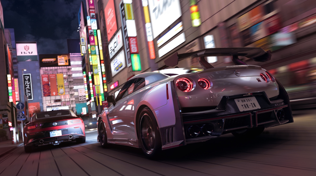 Nissan GT-R участвует в ночной уличной гонке среди неоновых улиц города в Forza Horizon 6
