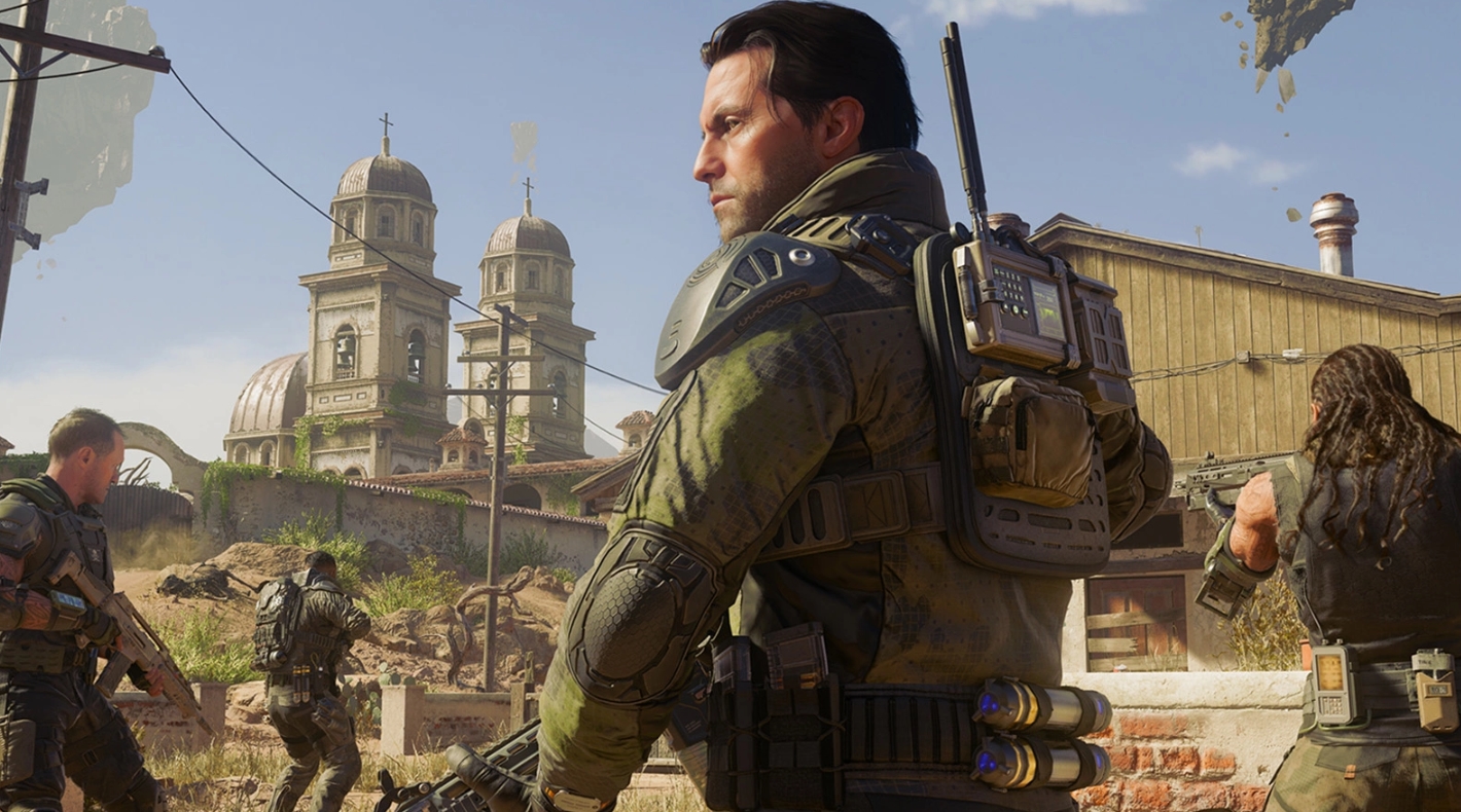 Отряд солдат готовится к операции в Call of Duty: Black Ops 2 на фоне разрушенного города