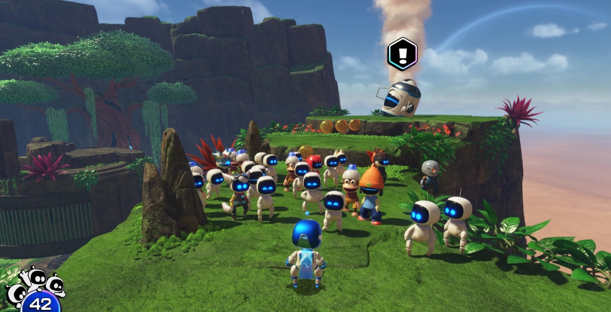 Группа роботов собирается на зелёном острове в платформере Astro Bot для PS5