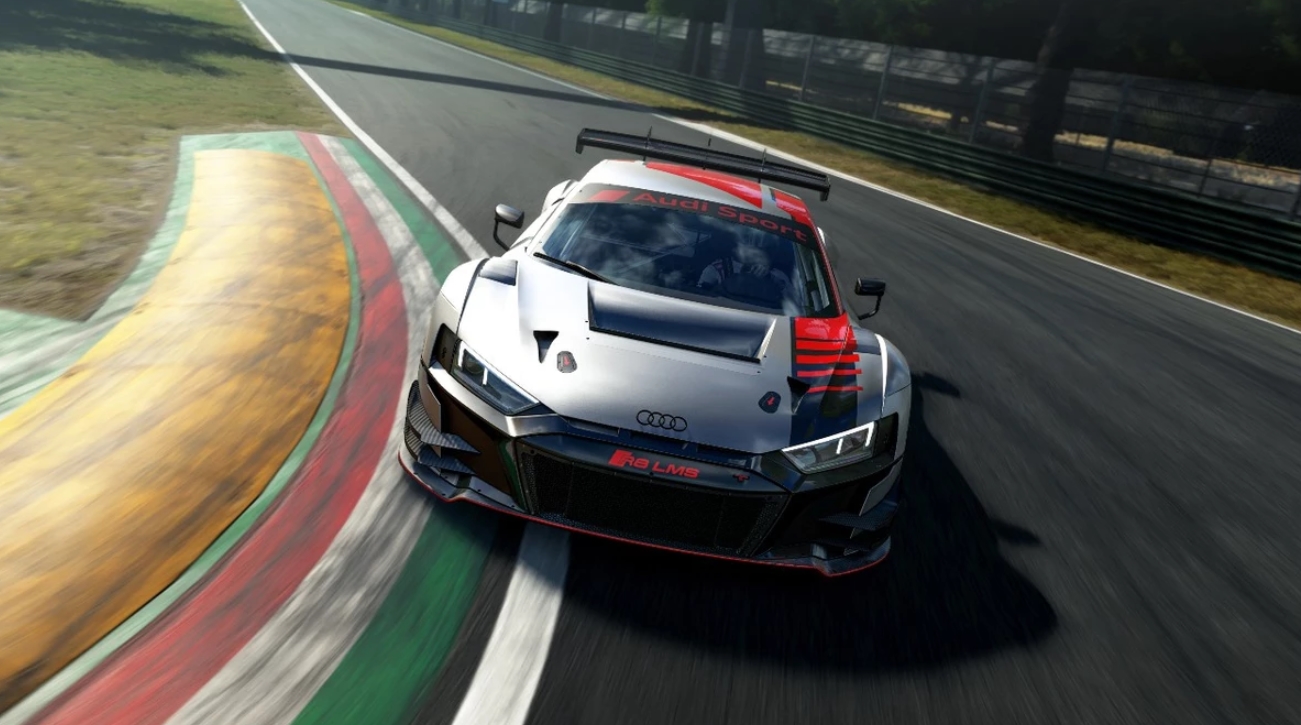 Audi R8 LMS GT3 Evo II проходит скоростной поворот на гоночной трассе в Assetto Corsa EVO