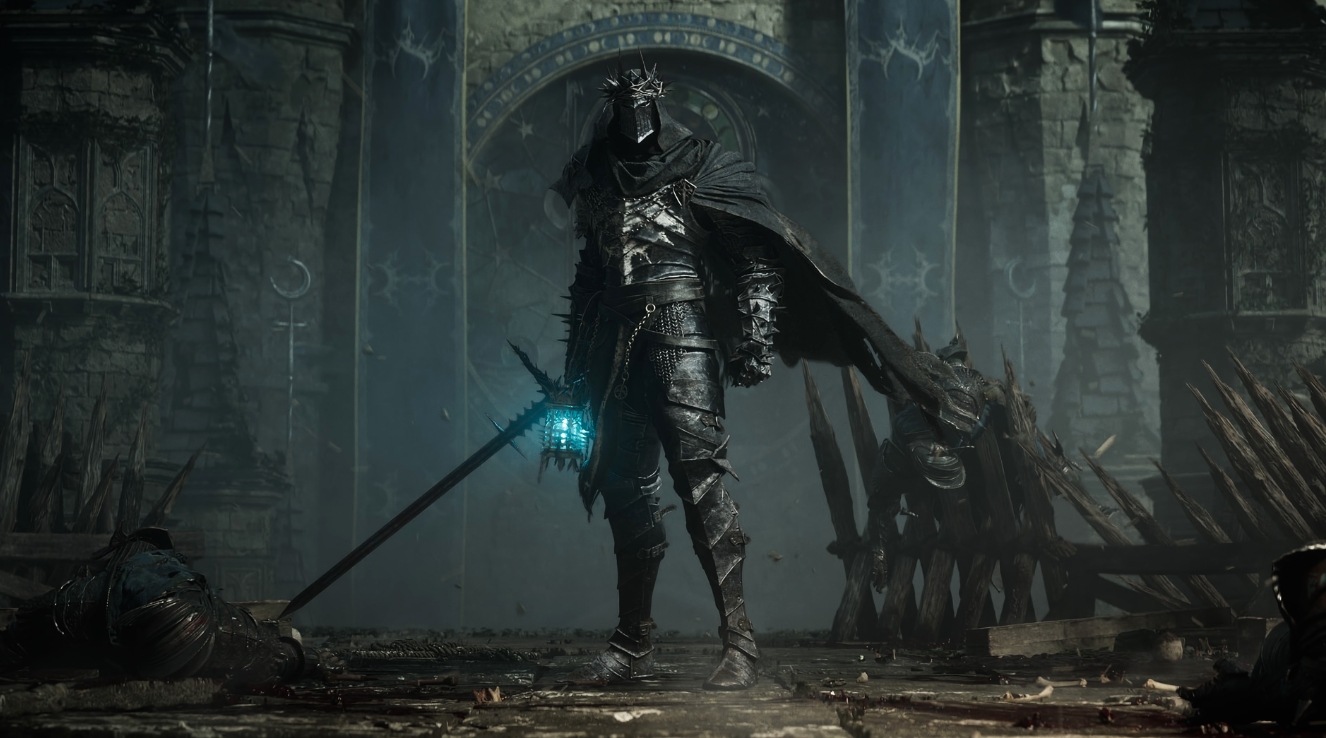 Сражение в мрачном зале в Lords of the Fallen II, герой против огромного демонического босса