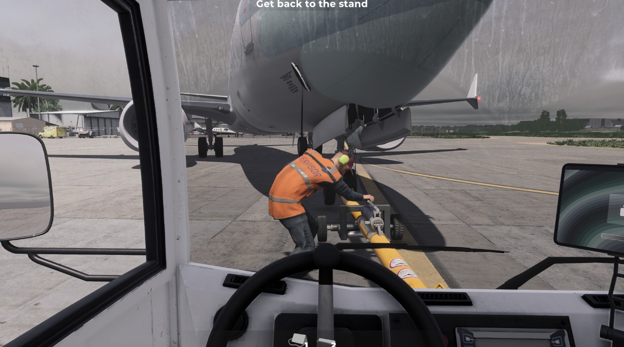 Подключение буксировочного оборудования к пассажирскому самолету в AirportSim во время подготовки к вылету