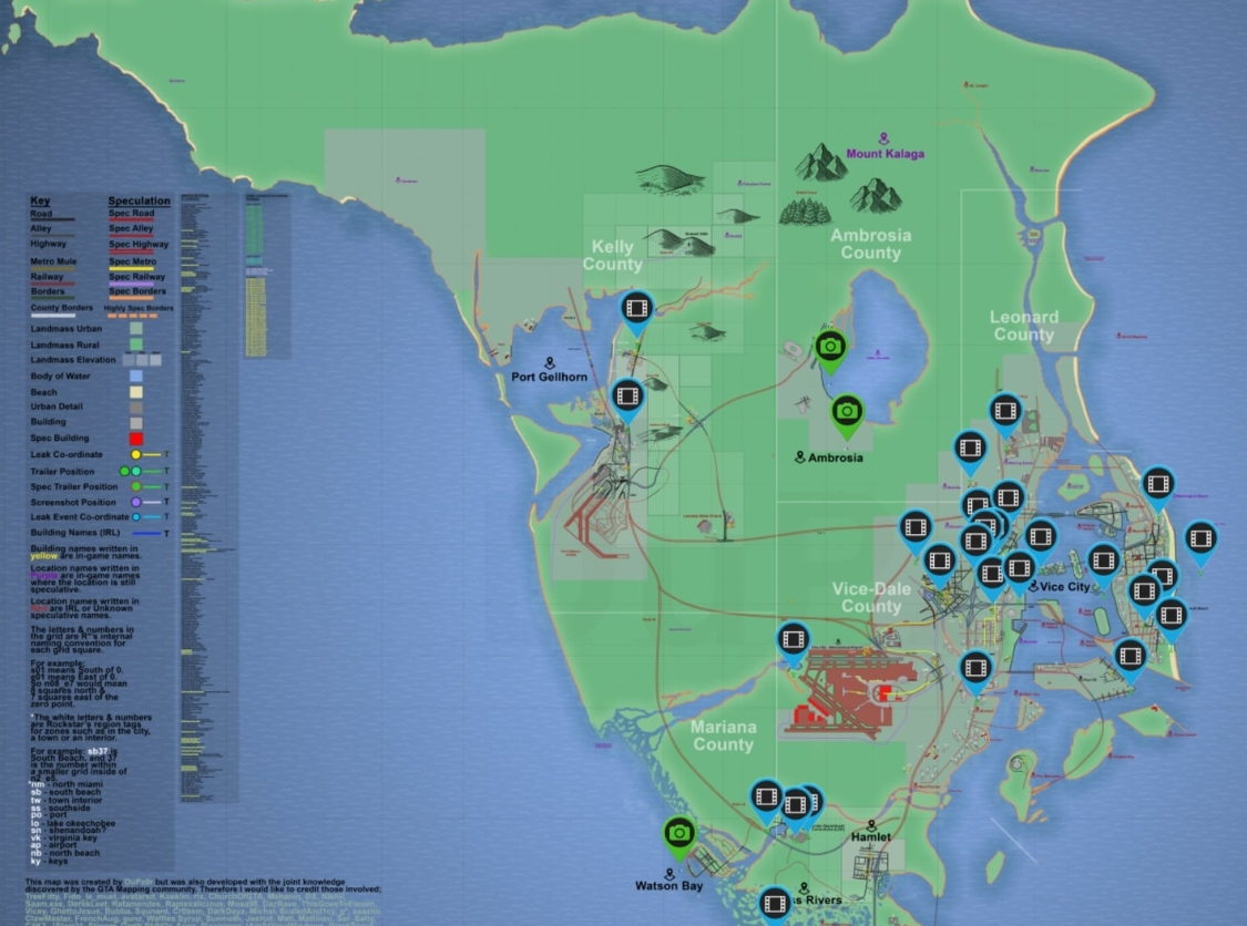 Фанатская карта GTA 6 с отмеченными районами Леониды, Vice City, Ambrosia и другими локациями