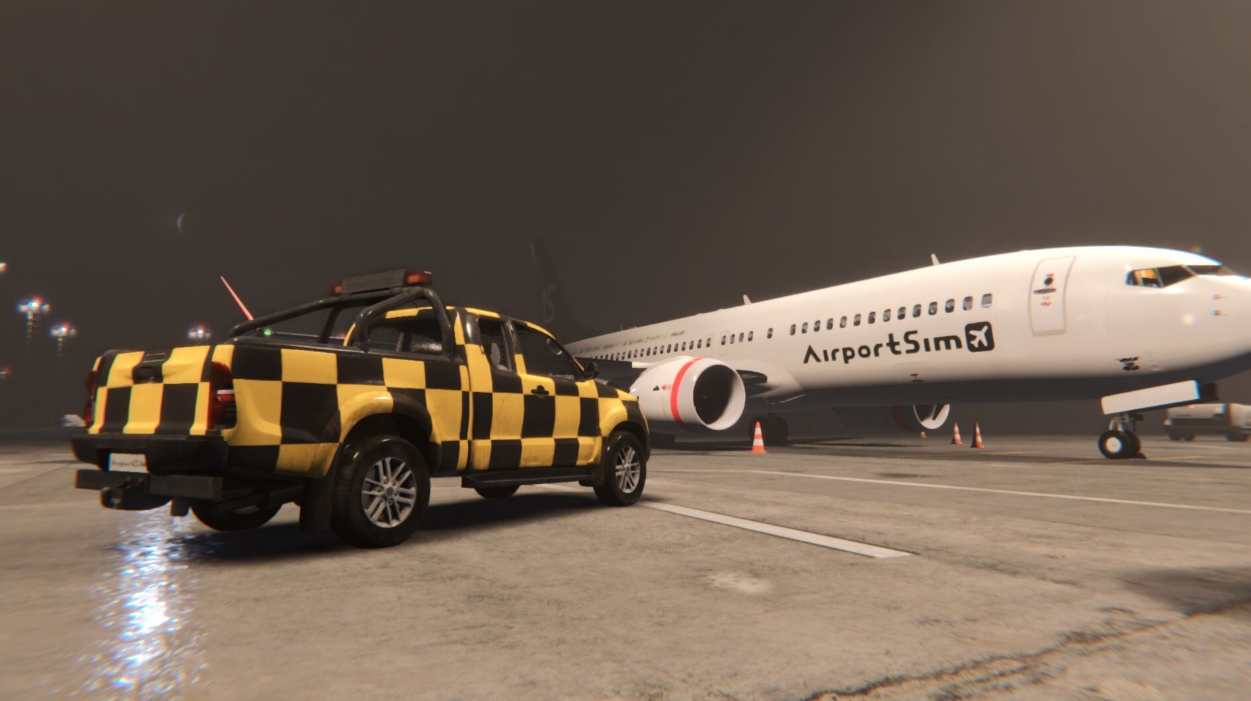 Автомобиль Follow Me сопровождает пассажирский лайнер на перроне аэропорта в AirportSim