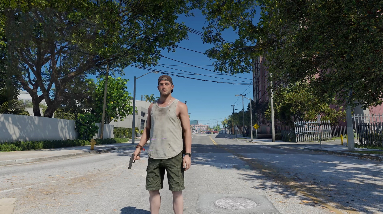 Главный герой GTA VI с пистолетом на улице Вайс-Сити на фоне споров вокруг физического издания игры без диска