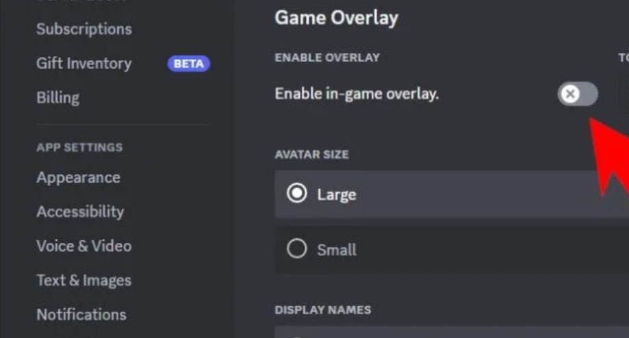 Отключить настройки оверлея Discord