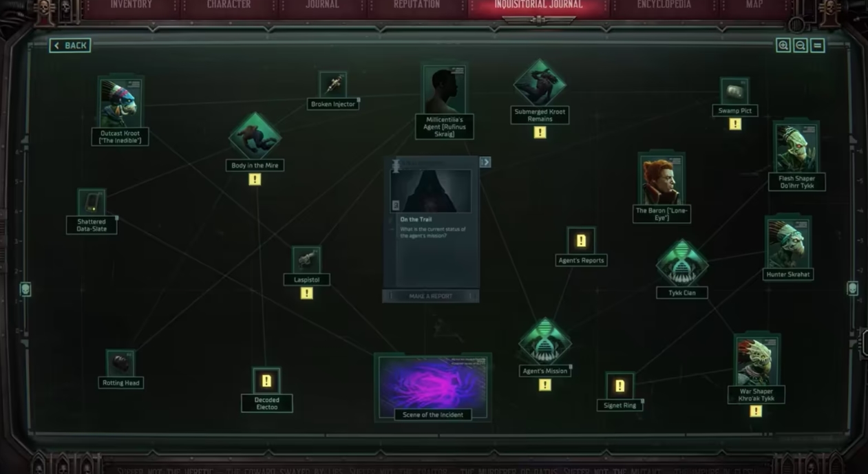 Экран расследования в Warhammer 40,000: Dark Heresy, где игрок собирает улики, анализирует доказательства и ищет еретиков