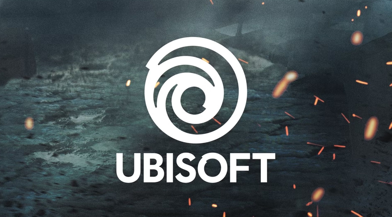 Логотип Ubisoft на фоне мрачной игровой сцены, символизирующий развитие технологий и ИИ в разработке игр