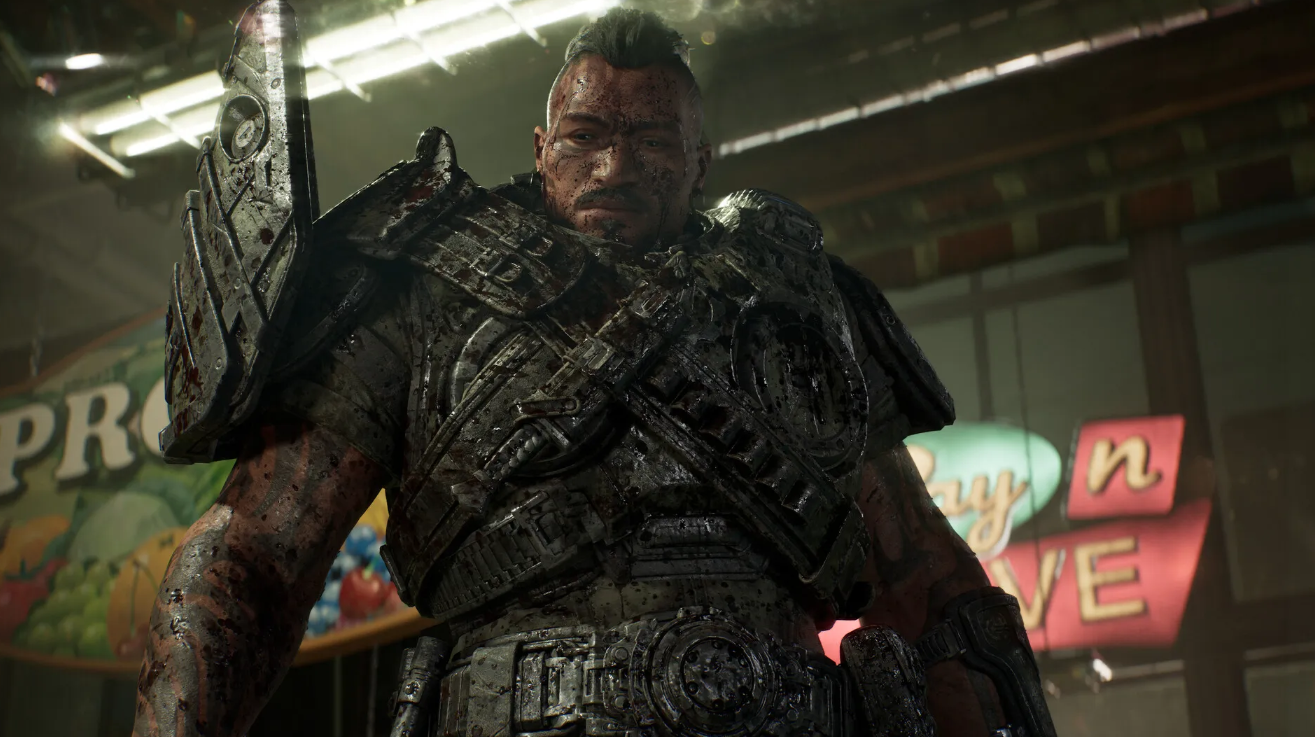 Воин COG в тяжелой броне в Gears of War: E-Day после ожесточённого боя