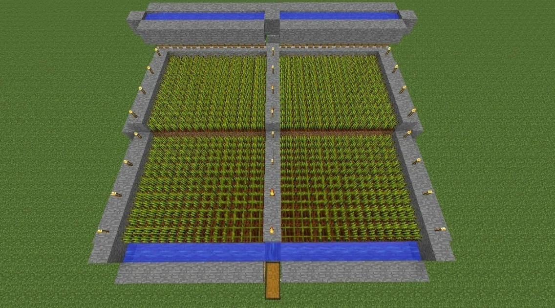 Minecraft — классическая ферма с водяными полосами, традиционная планировка против оптимизации ИИ-инструмента optifarm