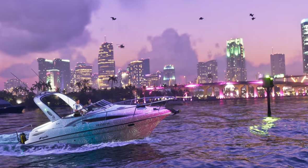 Катер идёт по водам Вайс-Сити на фоне вечернего города в GTA VI