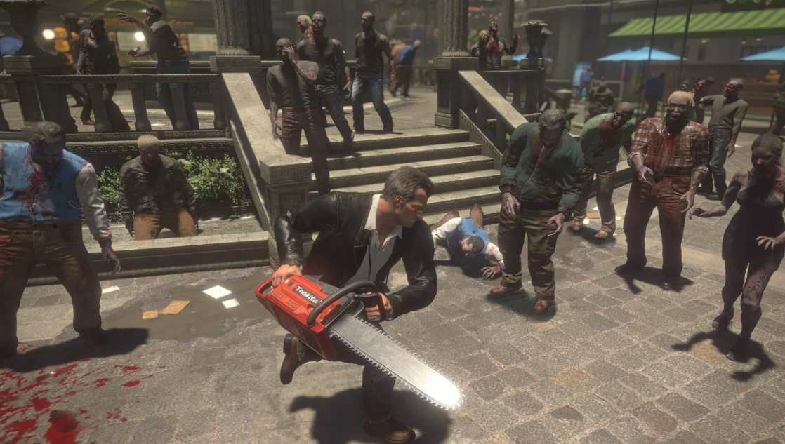 Чак Грин с бензопилой сражается с толпой зомби в Dead Rising 2