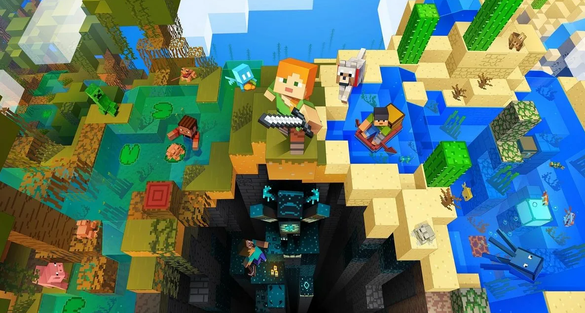 Официальный арт Minecraft с персонажами, животными и подводным миром в блочном стиле — иллюстрация к статье о дате выхода игры на Nintendo Switch 2 и переносе других хитов Xbox